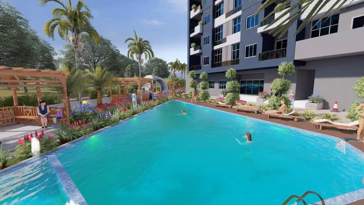 Architectural visualisation of the shared outdoor swimming pool.