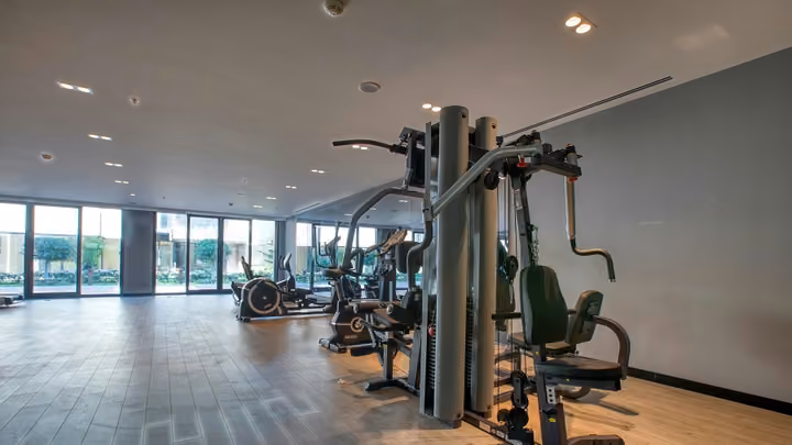 Strength training area beside full height windows in Boyalik, Cesme.