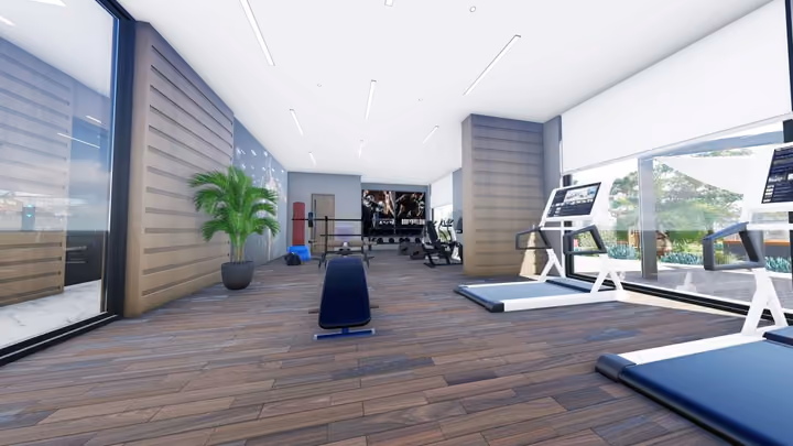 Rendering of the shared fitness room from a second viewpoint