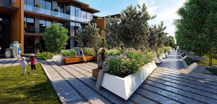 Architectural rendering of timber garden paths and communal seating in Gaziemir, Izmir.