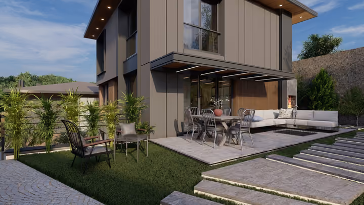 A furnished garden dining terrace and lawn beside a villa. Architectural render supplied in the project source folder; it illustrates the proposed design.