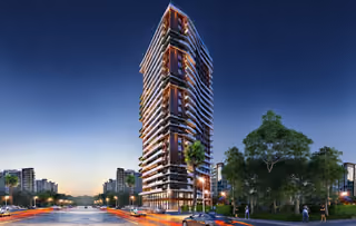 Architectural rendering of residential tower and street frontage at night.
