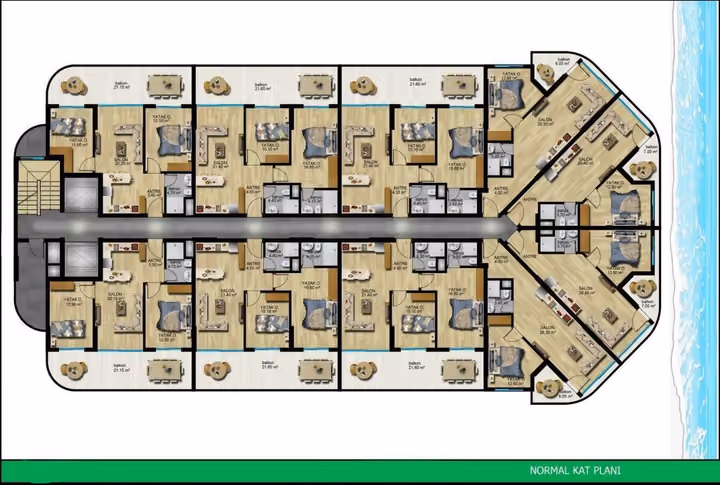 General typical-floor layout with several apartment types; only 65 and 96 square meter types are advertised