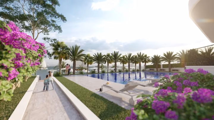 Architectural rendering of the outdoor pool and landscaped path