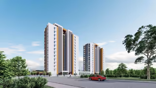 Rendering of the residential towers from the street