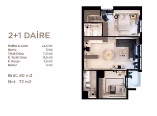 Two-bedroom plan showing 80 square metres gross, 72 square metres net and two bathrooms.