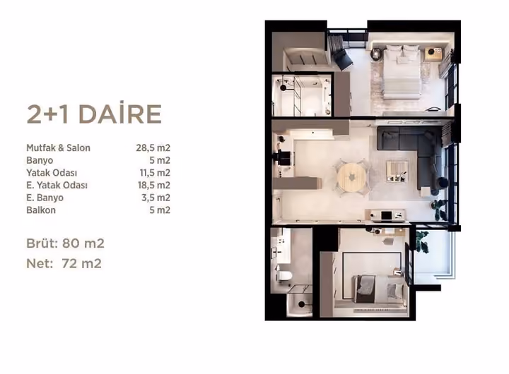 Two-bedroom plan showing 80 square metres gross, 72 square metres net and two bathrooms.