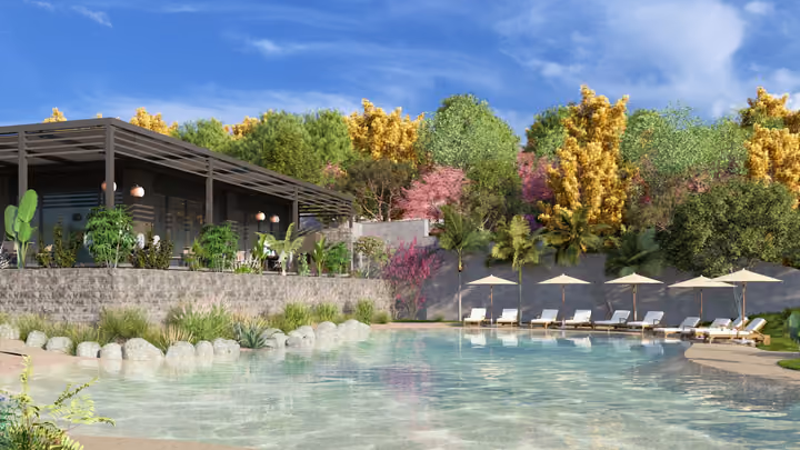 A landscaped pool bordered by sunbeds, umbrellas and a leisure pavilion. Architectural render supplied in the project source folder; it illustrates the proposed design.