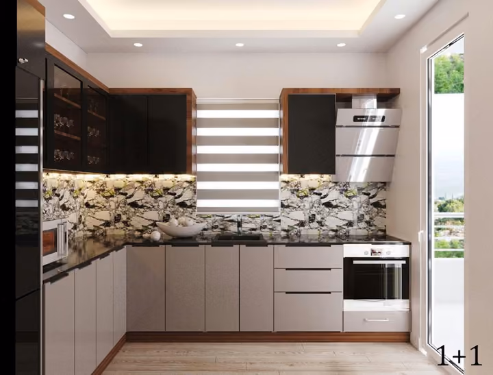 Alternative one-bedroom kitchen visualization from another angle; not a listed sale option.