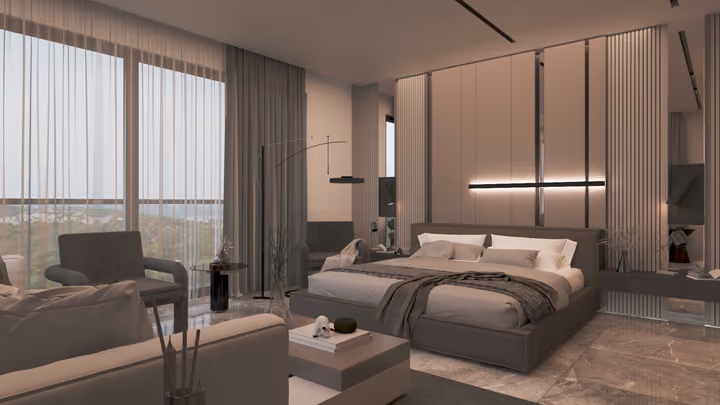 A double bedroom with upholstered wall panels, seating and broad windows. Architectural render supplied in the project source folder; it illustrates the proposed design.