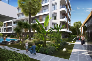 Architectural visualization of palms, planting beds and a pedestrian path between the residential blocks.