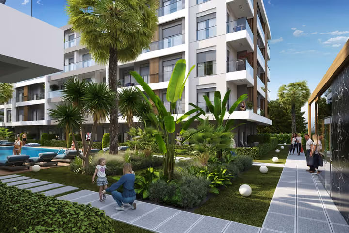 Architectural visualization of palms, planting beds and a pedestrian path between the residential blocks.