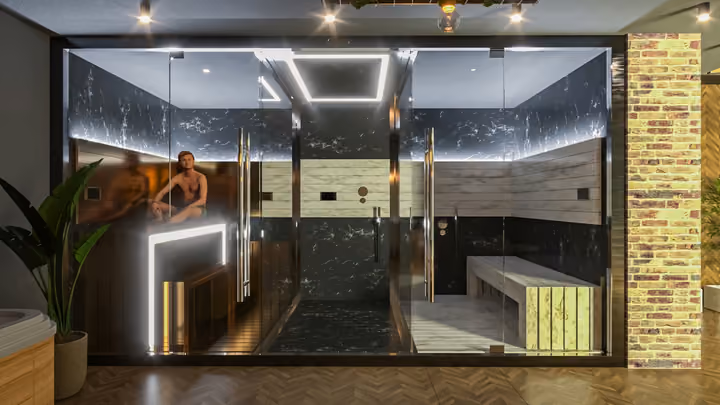 Architectural rendering of a wellness room with glass walls and seating