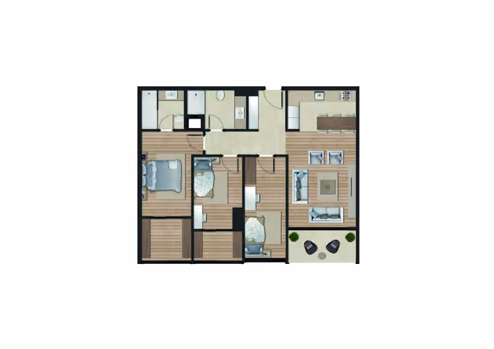 Original catalogue floor-plan illustration for a 3-bedroom apartment with two bathrooms, 90.91 square metres net and 100.00 square metres gross area. Some layouts also have a separate guest WC.