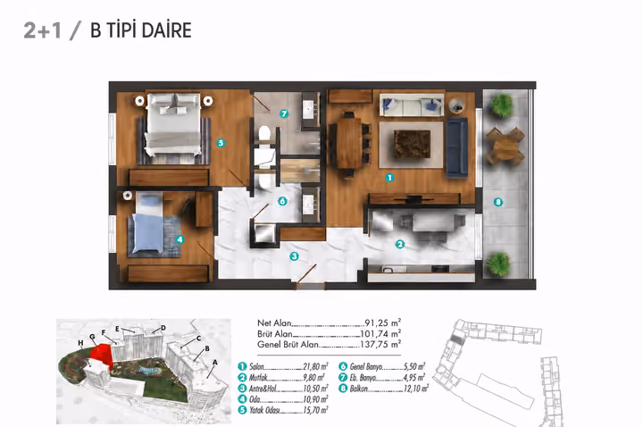 Apartment plan showing 2 bedrooms and 2 bathrooms; 101.74 square metres gross and 91.25 square metres net. General gross area is separately labelled in the drawing.