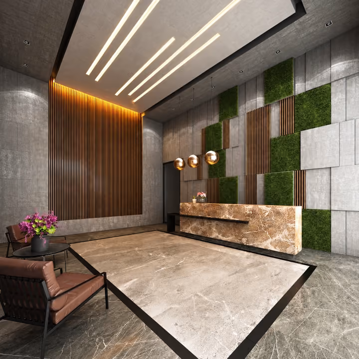 Rendering of an entrance lobby with a reception desk and feature walls.