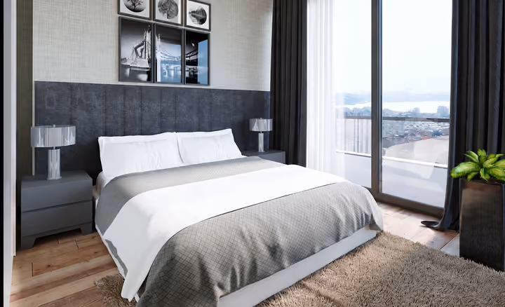 Architectural rendering of bedroom with balcony access.