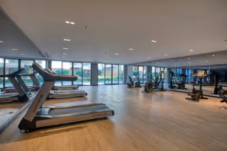 Fitness room with treadmills and exercise equipment in Boyalik, Cesme.