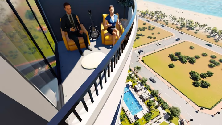 Illustrative rendering of a curved balcony; no individual apartment view is guaranteed