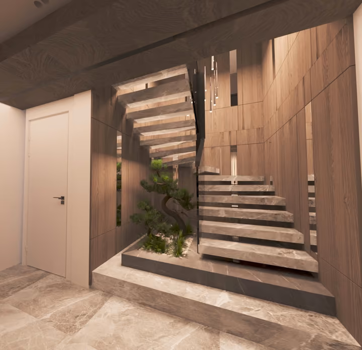 A stone staircase with a glass balustrade beside a planted niche. Architectural render supplied in the project source folder; it illustrates the proposed design.