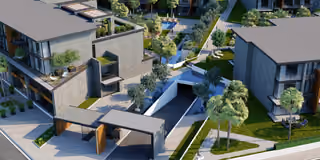 Architectural rendering of raised walkway and planted terraces between residences in Gaziemir, Izmir.