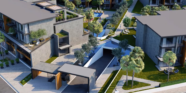 Architectural rendering of raised walkway and planted terraces between residences in Gaziemir, Izmir.