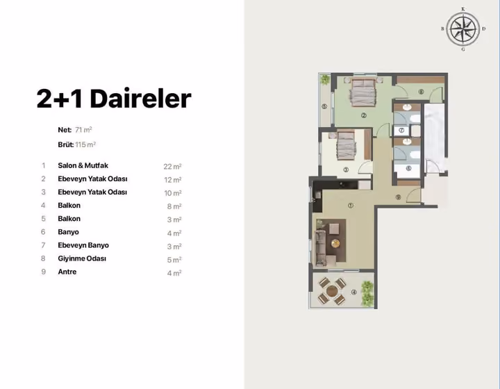 Two-bedroom plan marked 115 square metres gross and 71 square metres net, with two bathrooms, dressing space and two balconies.