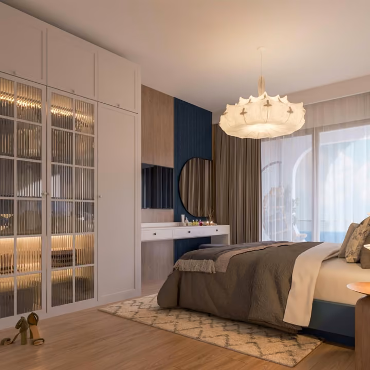 Interior rendering of a bedroom, wardrobe and dressing table