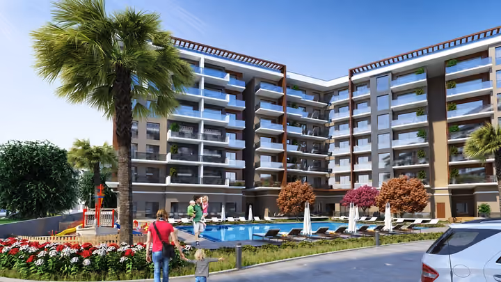 Architectural rendering of a landscaped path, shared swimming pool and surrounding residential buildings.