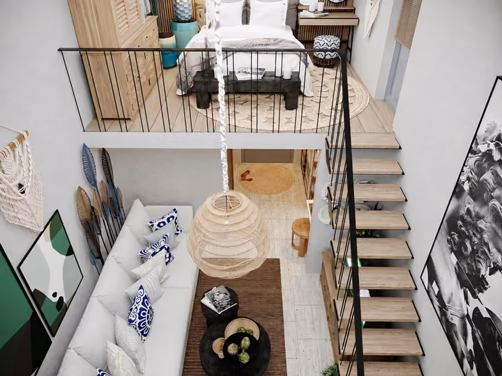 Architectural rendering of overhead view of the living room and mezzanine bedroom in Alacati, Cesme.