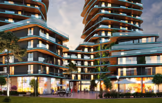 Architectural rendering of retail frontage between the residential towers.