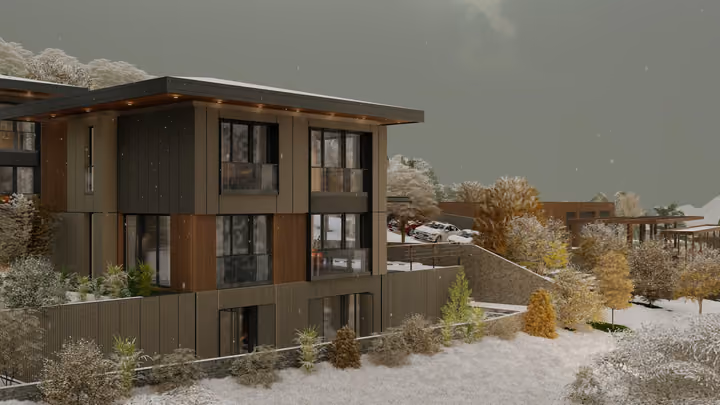 A villa beside a snow covered garden and trees. Architectural render supplied in the project source folder; it illustrates the proposed design.