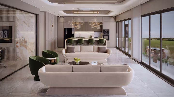 A lounge with sofas, chairs, a refreshment counter and broad glazed doors. Architectural render supplied in the project source folder; it illustrates the proposed design.