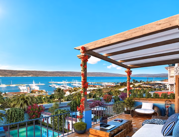 Architectural rendering of covered terrace overlooking the marina and bay in Alacati, Cesme.