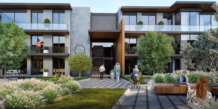 Architectural rendering of garden paths beside balconies and planted courtyards in Gaziemir, Izmir.