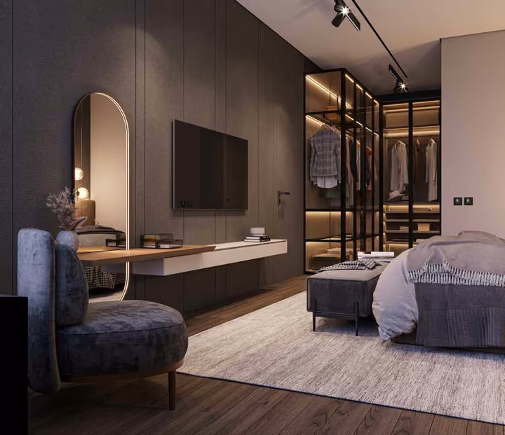 Developer interior visualization of the dressing area, vanity mirror and bedroom furnishings.