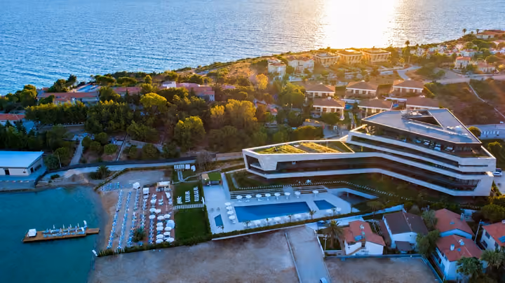 Aerial view of the terraces at sunset.