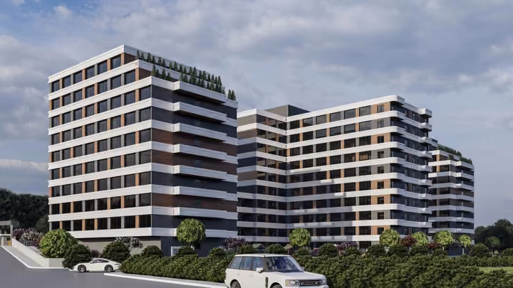 Architectural visualisation of apartment blocks and planted frontage.