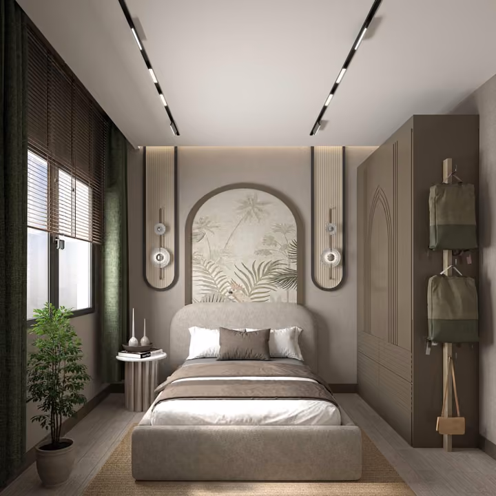 Interior visualisation of a bedroom with bedside lighting.