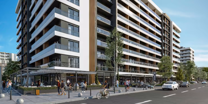 Architectural visualization of the corner balconies, pedestrian frontage and ground-floor commercial units.