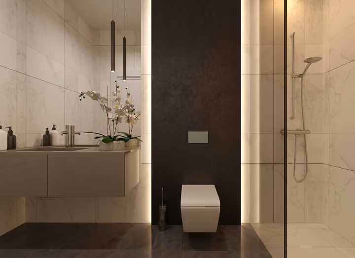 Architectural rendering of bathroom with glazed shower enclosure in Gaziemir, Izmir.