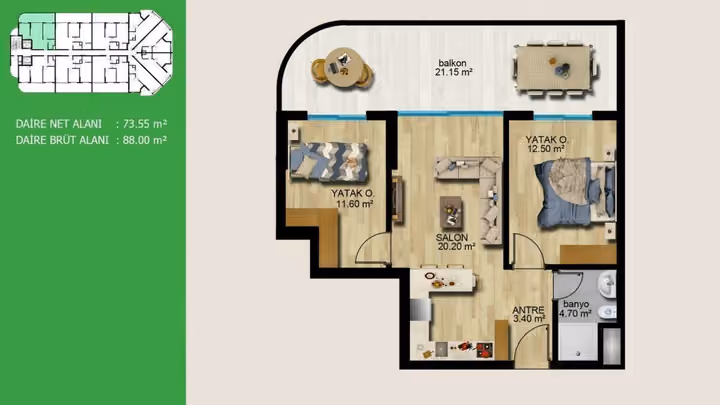 General project two-bedroom plan labelled 88 square meters gross; not a current sale option