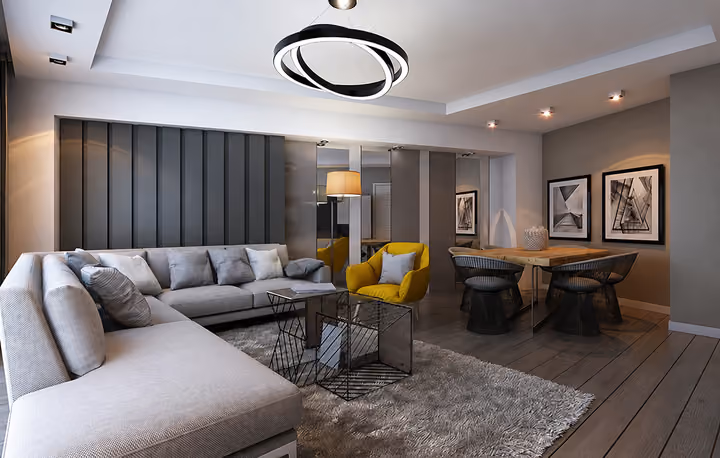 Architectural rendering of living and dining area with balcony access.