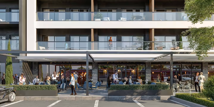 Architectural visualization of ground-floor commercial units and the apartments above them.
