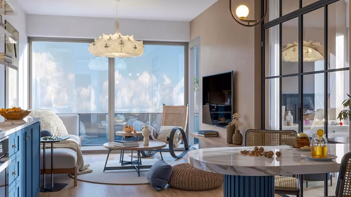Interior rendering of the dining area and living room beside glazed doors