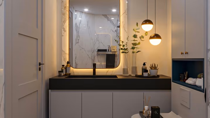Interior rendering of the bathroom vanity, mirror and storage