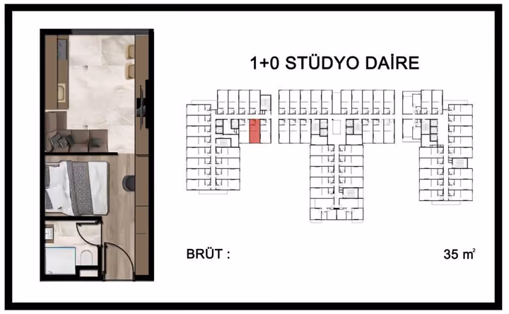 Studio plan marked 35 square metres gross with one shower bathroom.