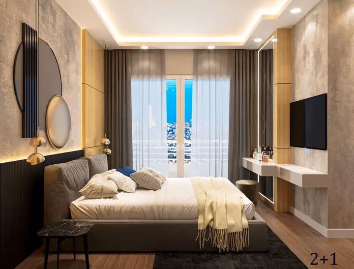 Bedroom visualization looking toward balcony doors in the two-bedroom type.