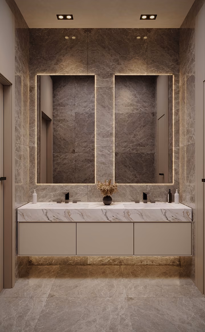 A washroom with a double vanity, large mirrors and stone wall finishes. Architectural render supplied in the project source folder; it illustrates the proposed design.
