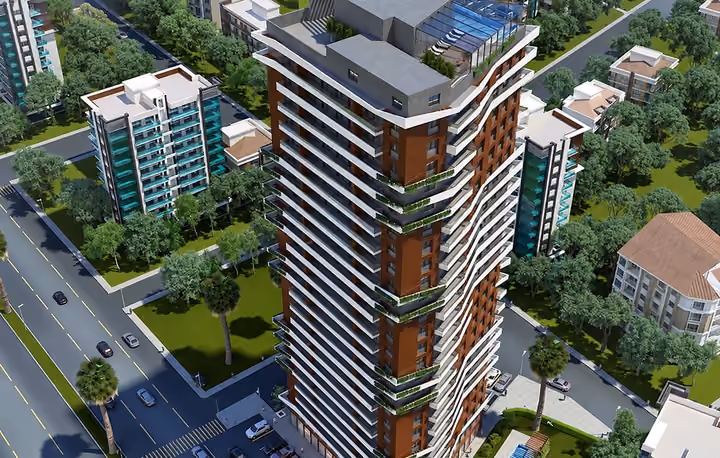 Architectural rendering of residential tower and rooftop swimming pool.